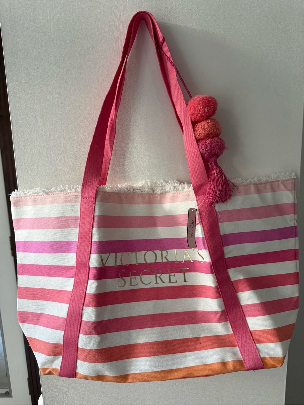Victoria's Secret Pink & White Striped Canvas Tote with Pom-Pom